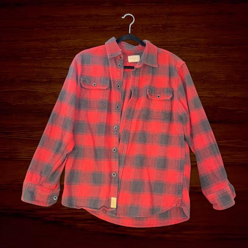 JACHS Men's Medium Red & Black Plaid Flannel Button-Up Shirt | 100% Cotton